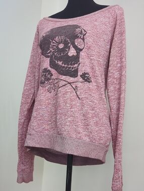 Volcom Vintage Pink Heathered Skull Floral Graphic Off Shoulder Sweatshirt LARGE